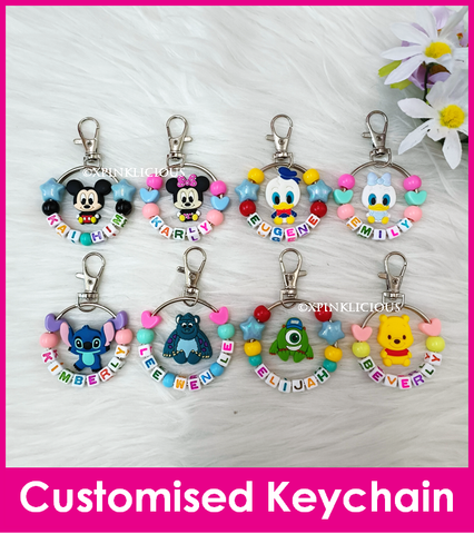Mickey Mouse, Minnie, Daisy, Donald Duck, Stitch, Sullivan, Mike, Winnie the Pooh / Customised Cartoon Ring Keychain / Personalised Name Bag Tag