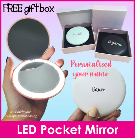 Customised Name Printing on LED Pocket Mirror / Personalised Name Portable Mirror