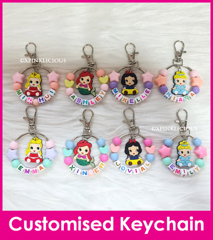 Princess Ariel Belle Cinderella / Customised Cartoon Ring Keychain / Personalised Name Bag Tag / Birthday Goodie Bag