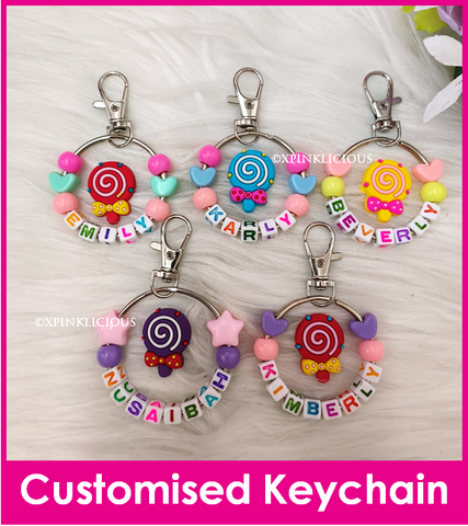 Lollipop Customised Cartoon Ring Keychain / Personalised Name Bag Tag