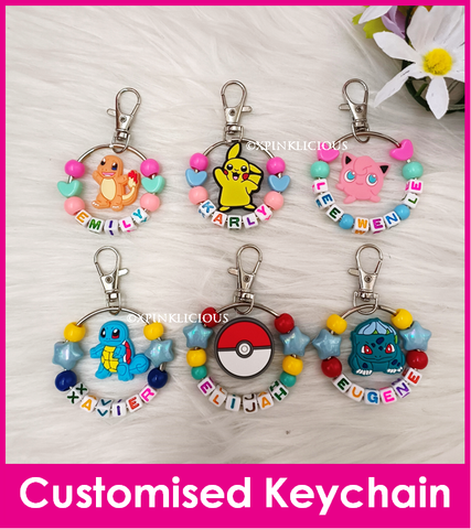 Pokemon, Pikachu, Charmander, Jinglypuff, Bulbsaur, Pokeball, Squirtle/ Customised Cartoon Ring Keychain / Personalised Name Bag Tag