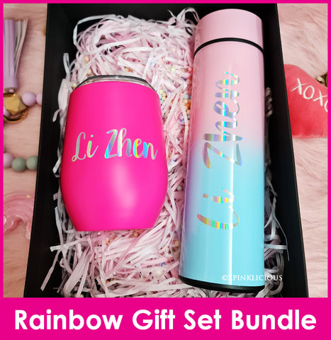 Rainbow Gift Box Set - Customised Name on Two Tone Insulated Temperature Indicator Water Tumbler Bottle and Insulated U Tumbler Cup Mug