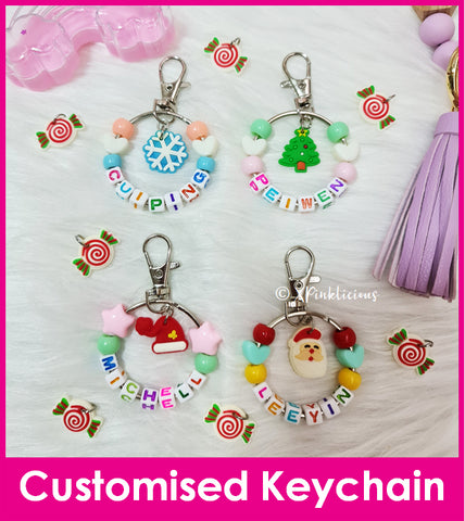 Christmas Xmas Customised Cartoon Ring Keychain / Personalised Name Bag Tag