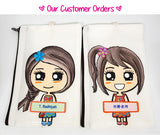 Hand Drawn Girl or Boy Pouch / Customised Name Pencil Case / Personalised Your Own Message