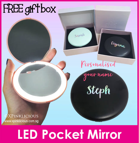 Customised Name LED Pocket Mirror / Personalised Name Portable Mirror