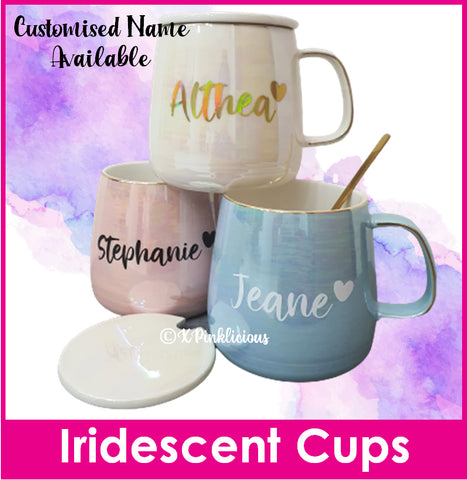 Iridescent Customised Name Print Cup with Cup Cover and Spoon / Name Print Mug / Christmas Gift Ideas / Teacher's Day Present / Valentine Day